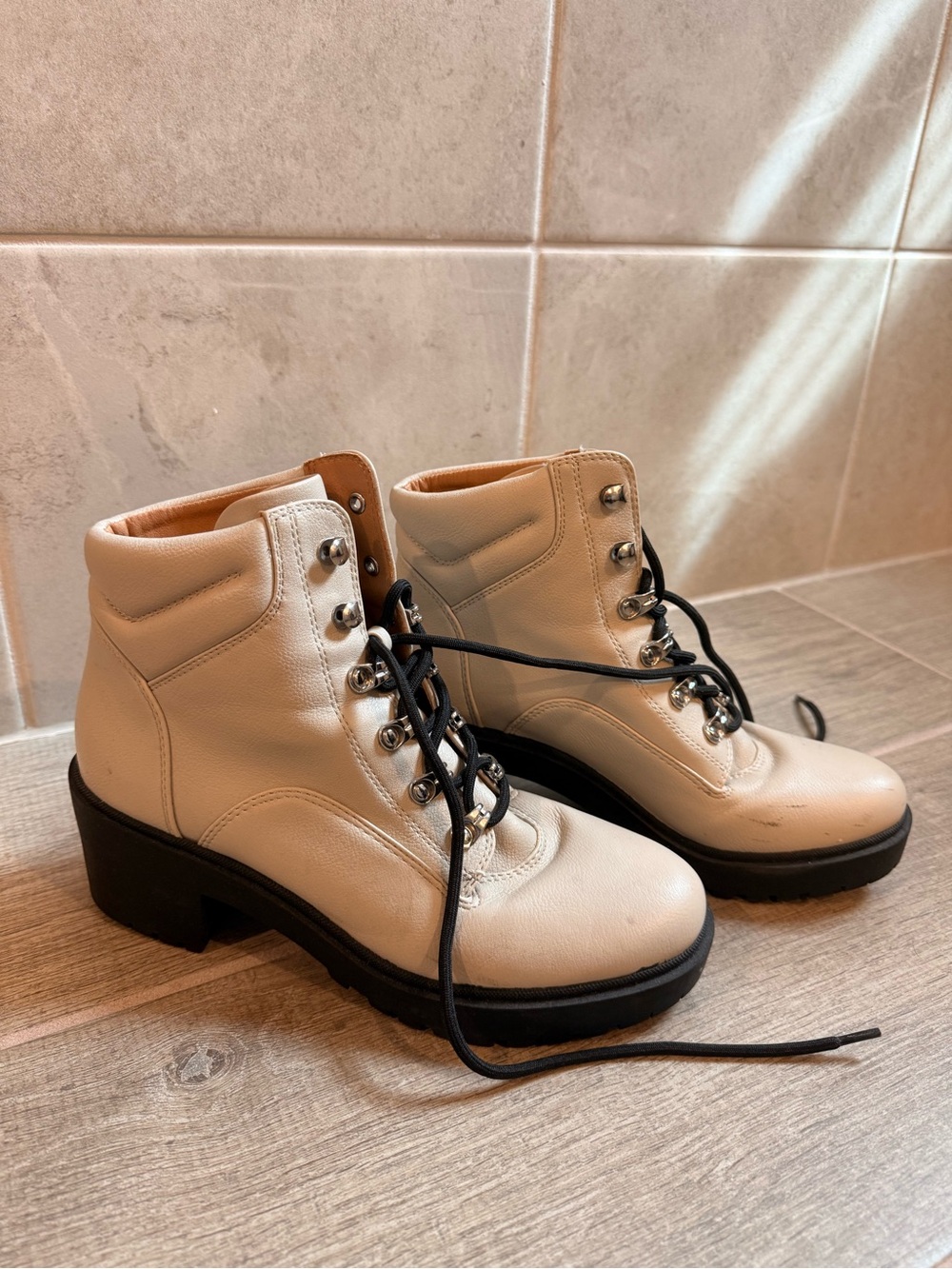 Indigo Cream Lace-Up Chunky Heel Ankle Boots